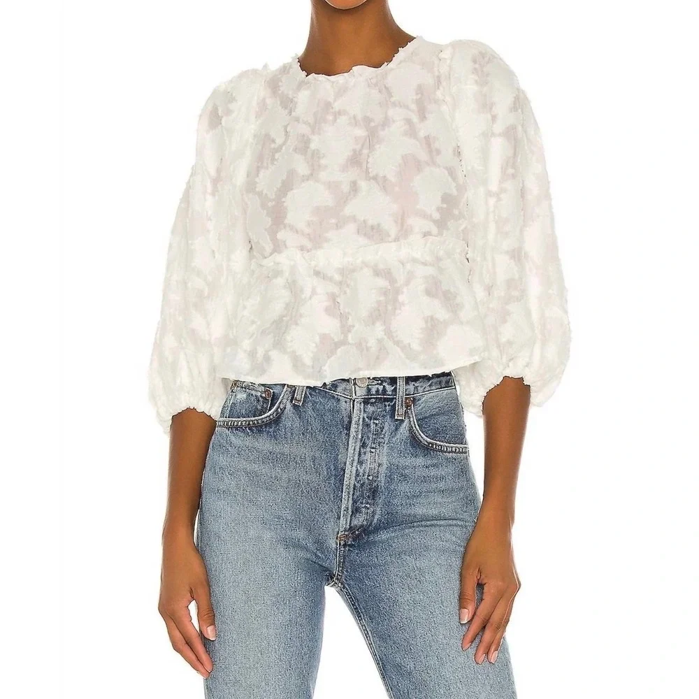 Free People Callie White Floral Applique Peplum‎ Blouse Tie Back Puff Sleeve M